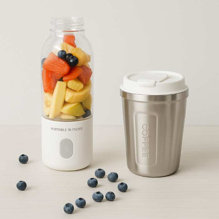 Portable blender filled with fresh fruit next to a stainless steel tumbler on a light wooden surface with scattered blueberries and a neutral background.
