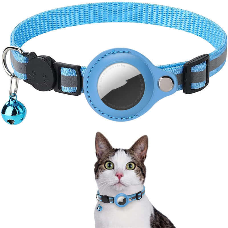 A collection of Reflective Waterproof AirTag Collar Holders in various colors, displayed on mannequin cats, showcasing the holders' reflective and waterproof features.