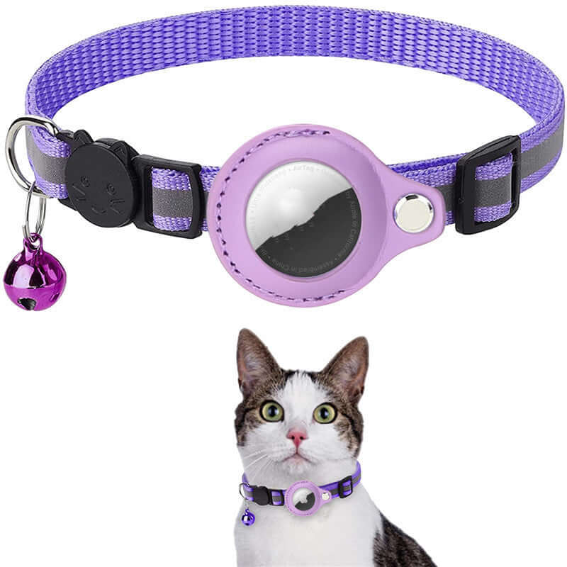 A collection of Reflective Waterproof AirTag Collar Holders in various colors, displayed on mannequin cats, showcasing the holders' reflective and waterproof features.