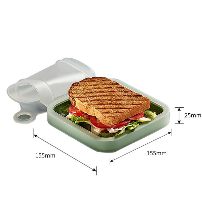 Green sandwich container with a grilled sandwich inside, showing dimensions on a white background