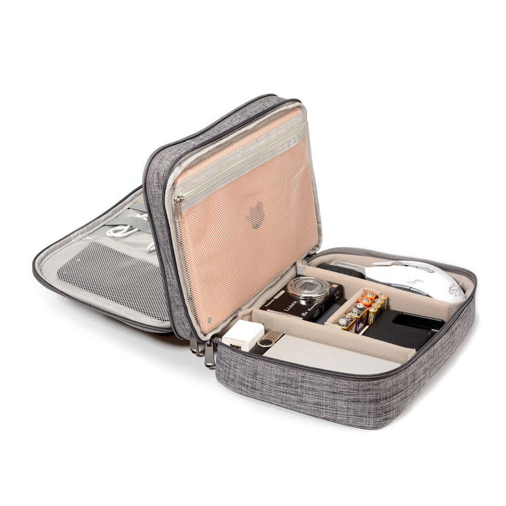 Compact cable storage case – brown color with elastic loops