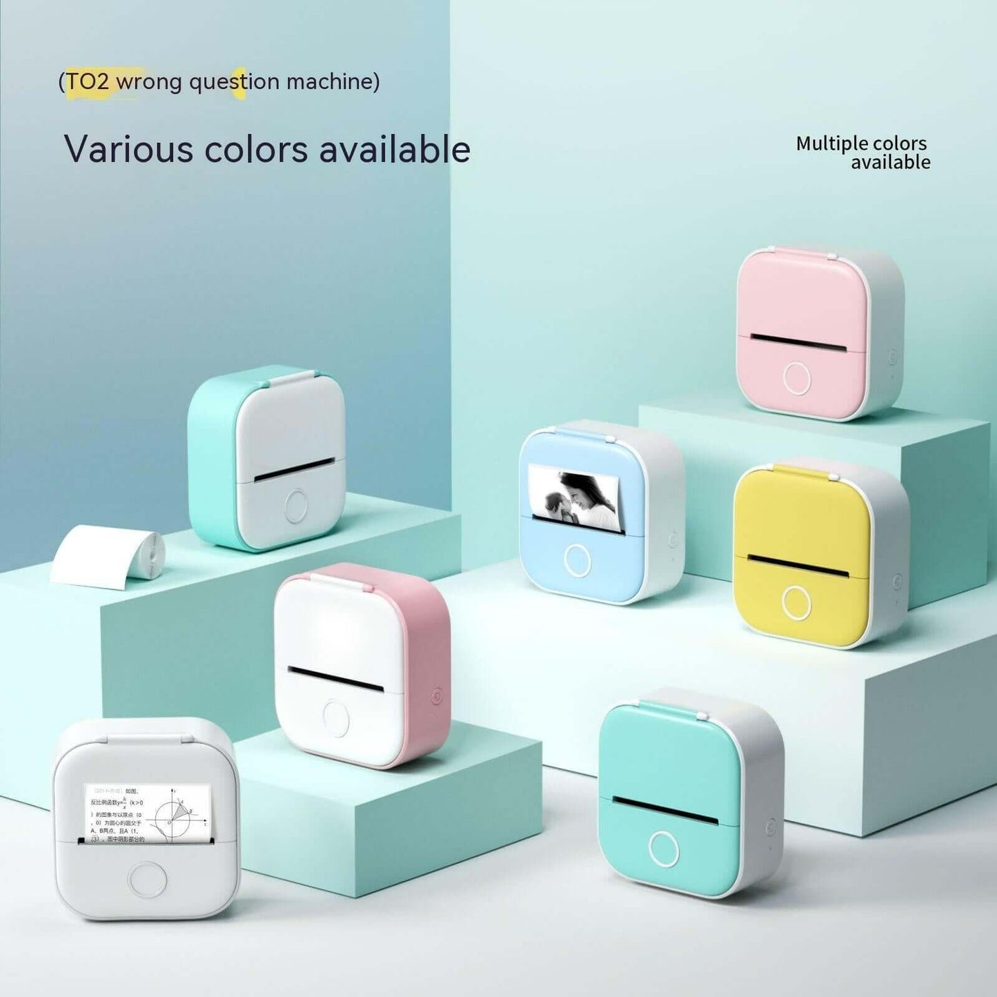 Multiple colors of smart mini thermal printer – blue, yellow, white, pink