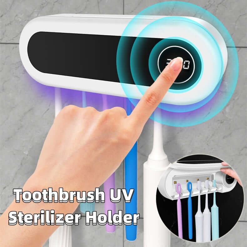 UV toothbrush sterilizer mounted on bathroom wall – kills 99.9% of germs