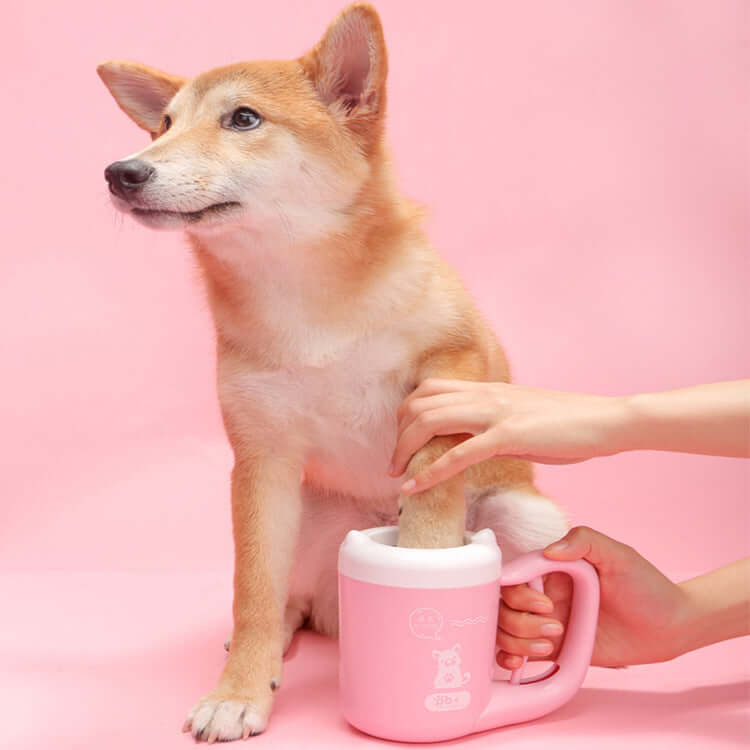 Dog with a pink Pet Paw Cleaner Cup on a pink background