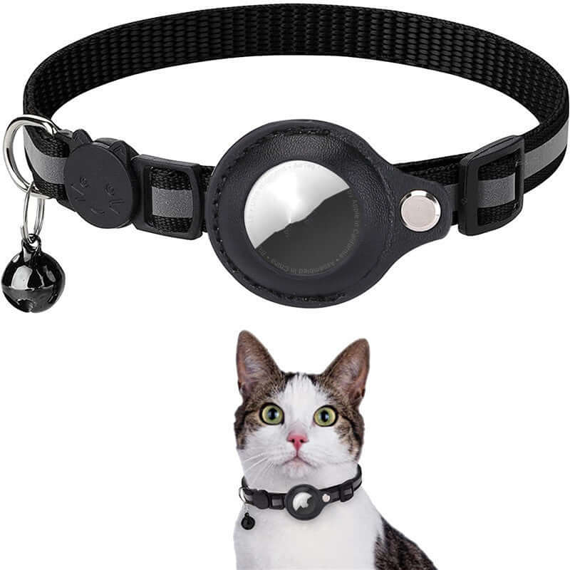 A collection of Reflective Waterproof AirTag Collar Holders in various colors, displayed on mannequin cats, showcasing the holders' reflective and waterproof features.