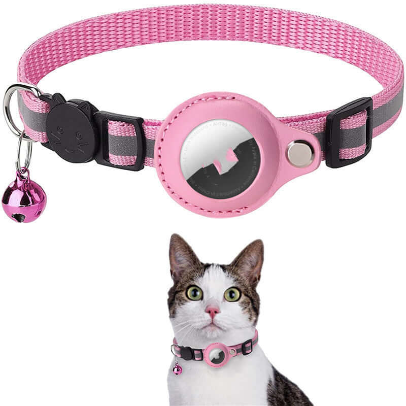 A collection of Reflective Waterproof AirTag Collar Holders in various colors, displayed on mannequin cats, showcasing the holders' reflective and waterproof features.