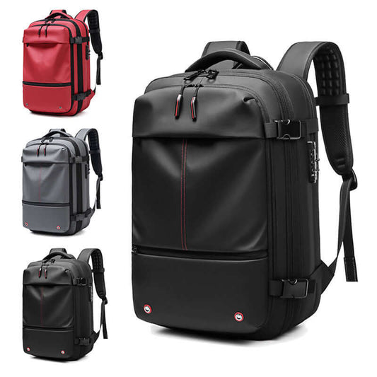 Vacuum compression travel backpack with USB battery in black, grey, and red colors for anti-theft and large capacity.