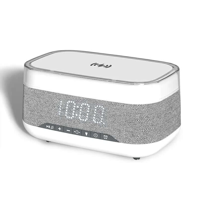 4-in-1 Smart Alarm Clock with Bluetooth speaker, wireless charging, LED display, and soothing night light.