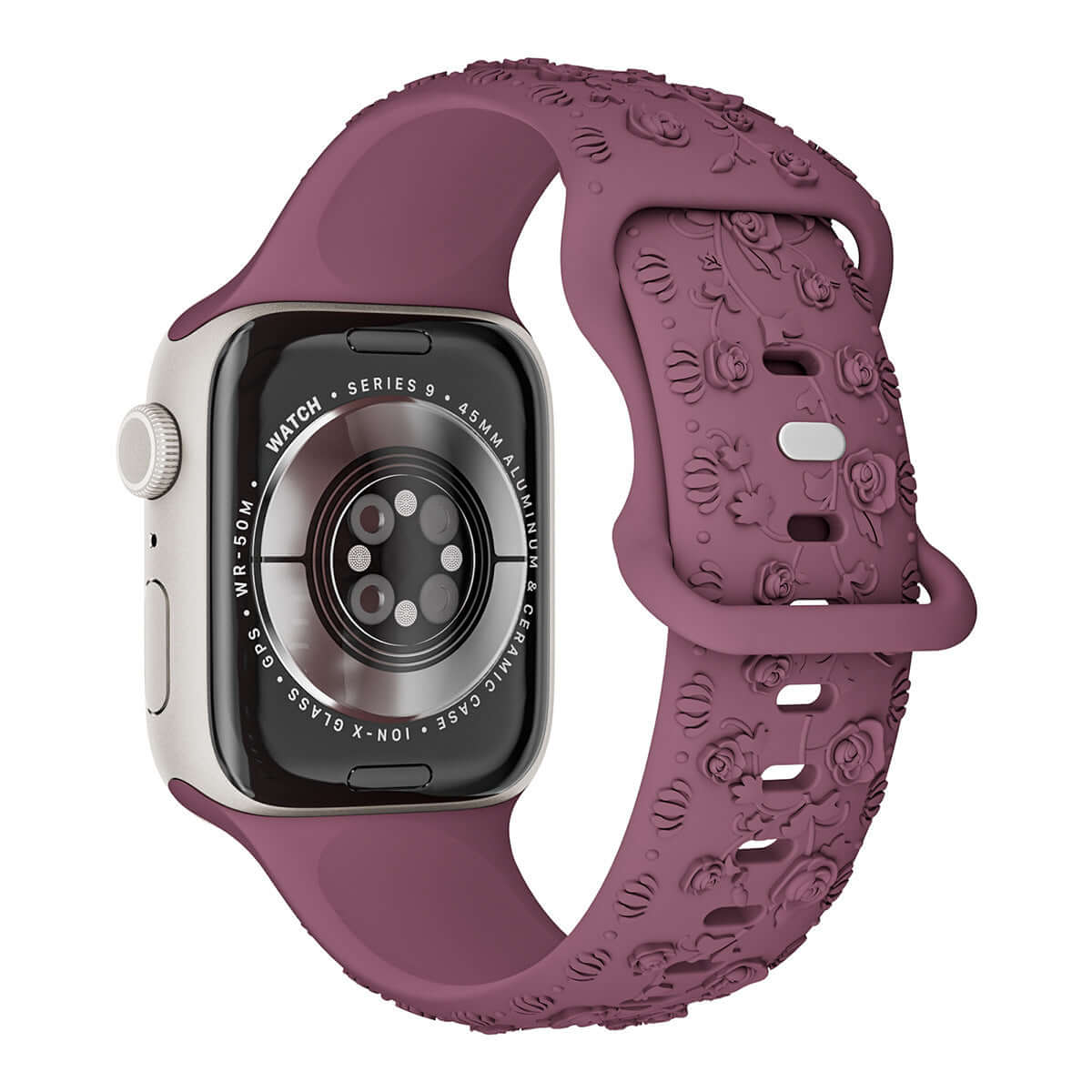 Apple Watch Band – with a purple floral-patterned band on a white background