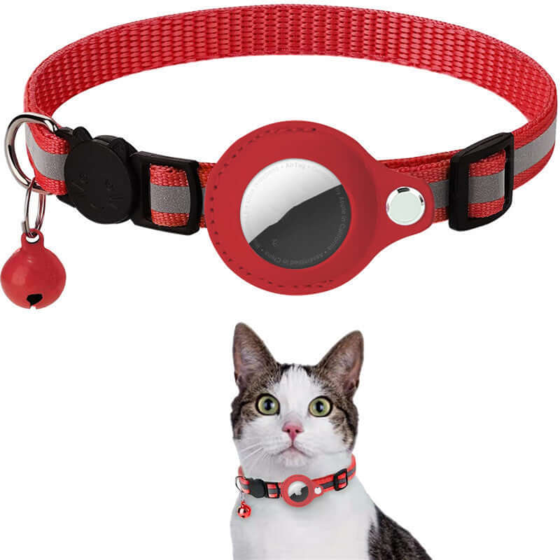 A collection of Reflective Waterproof AirTag Collar Holders in various colors, displayed on mannequin cats, showcasing the holders' reflective and waterproof features.