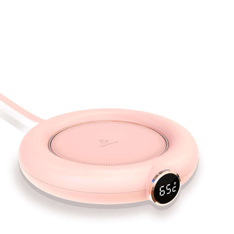 Pink USB coffee warmer with digital temperature display
