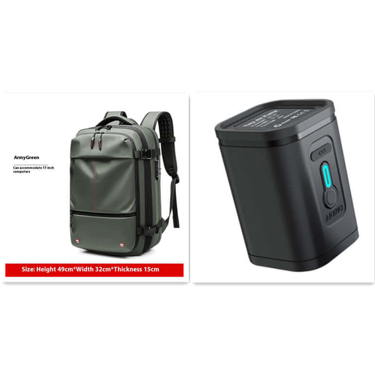 Vacuum Compression Travel Backpack features USB battery and anti-theft design, sizes: 49cm height, 32cm width, 15cm thickness.