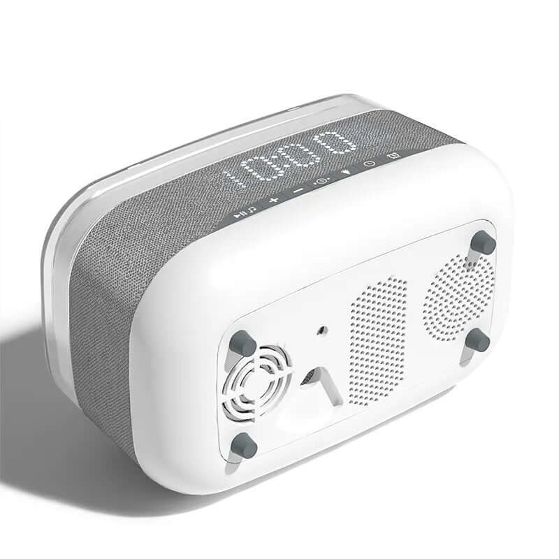 4-in-1 smart alarm clock with Bluetooth speaker, wireless charger, LED display, and soothing night light.