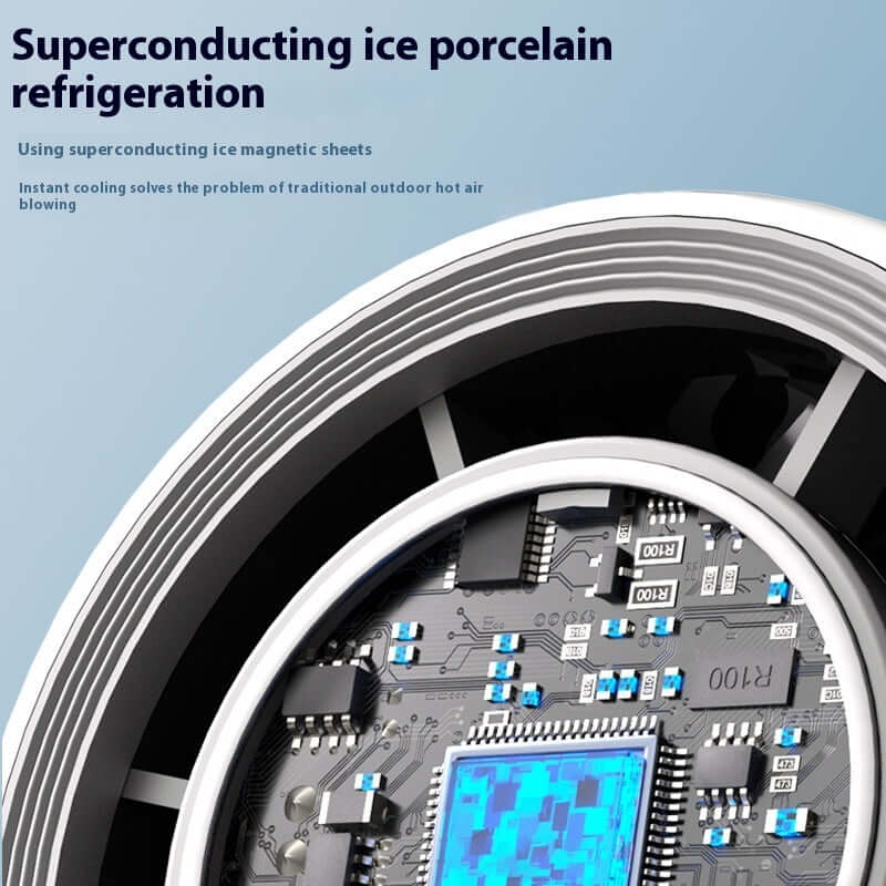 Superconducting ice porcelain refrigeration system with electronic components on a blue background