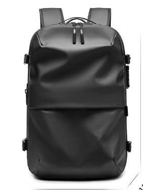Anti-theft black vacuum compression travel backpack with USB battery and large capacity.