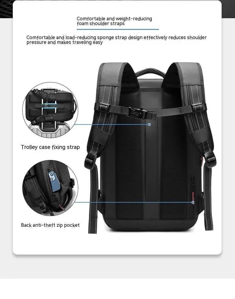 Vacuum compression travel backpack – black design with USB charging port