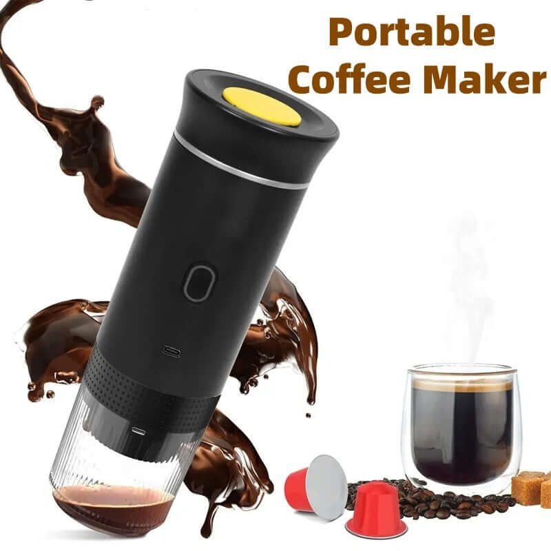 Compact 3-in-1 portable coffee and espresso maker showcasing brewing and steaming features.