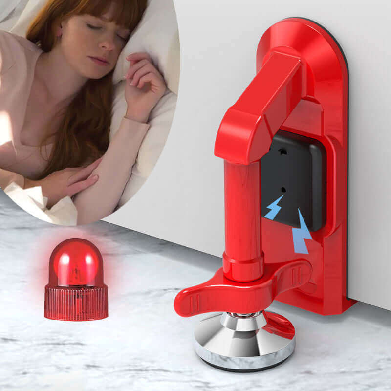 Travel door stopper alarm – close-up view of red safety gadget