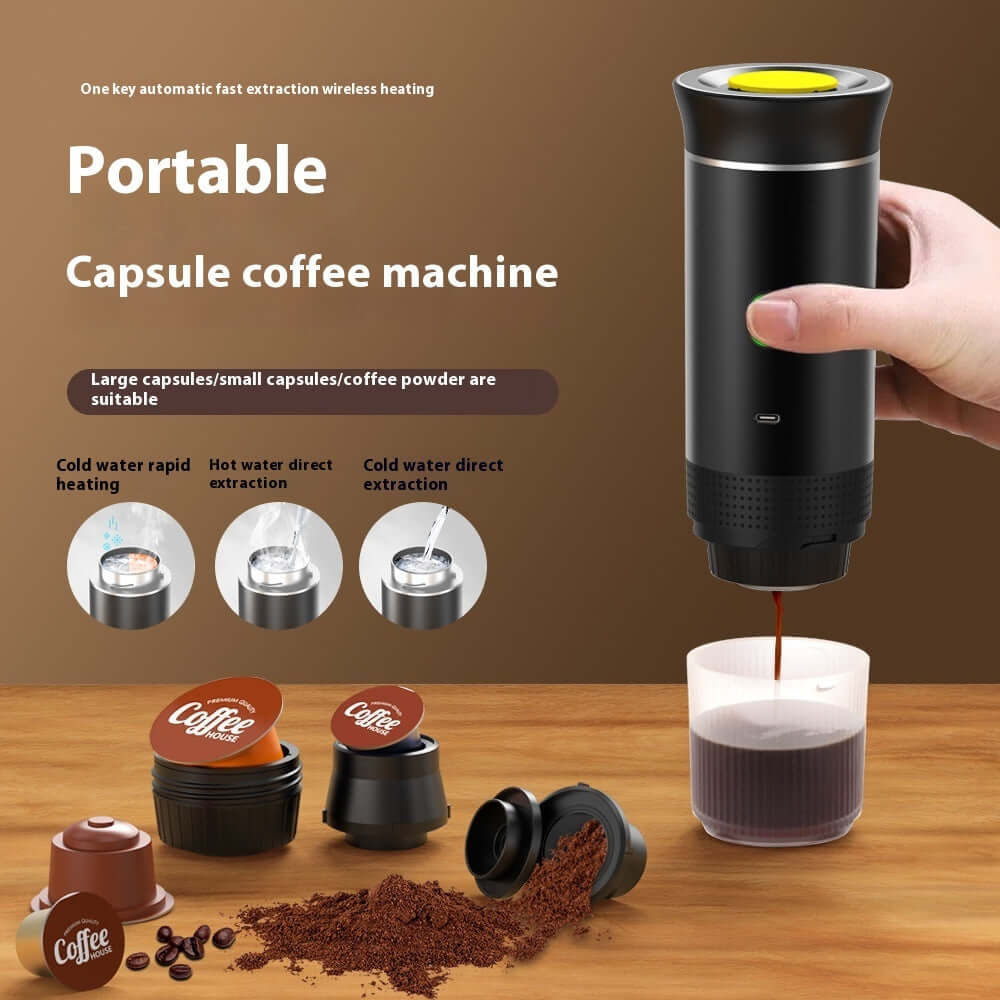 Portable 3-in-1 Coffee and Espresso Maker for travel, office, and home use.