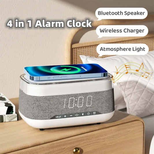 4-in-1 Smart Alarm Clock with Bluetooth Speaker, Wireless Charger, and Soothing Night Light on bedside table.