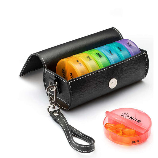 7-day pill organizer with compact leather case – perfect for travel use