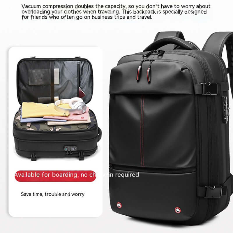 Vacuum Compression Travel Backpack showcasing spacious interior for organized packing and USB battery feature.