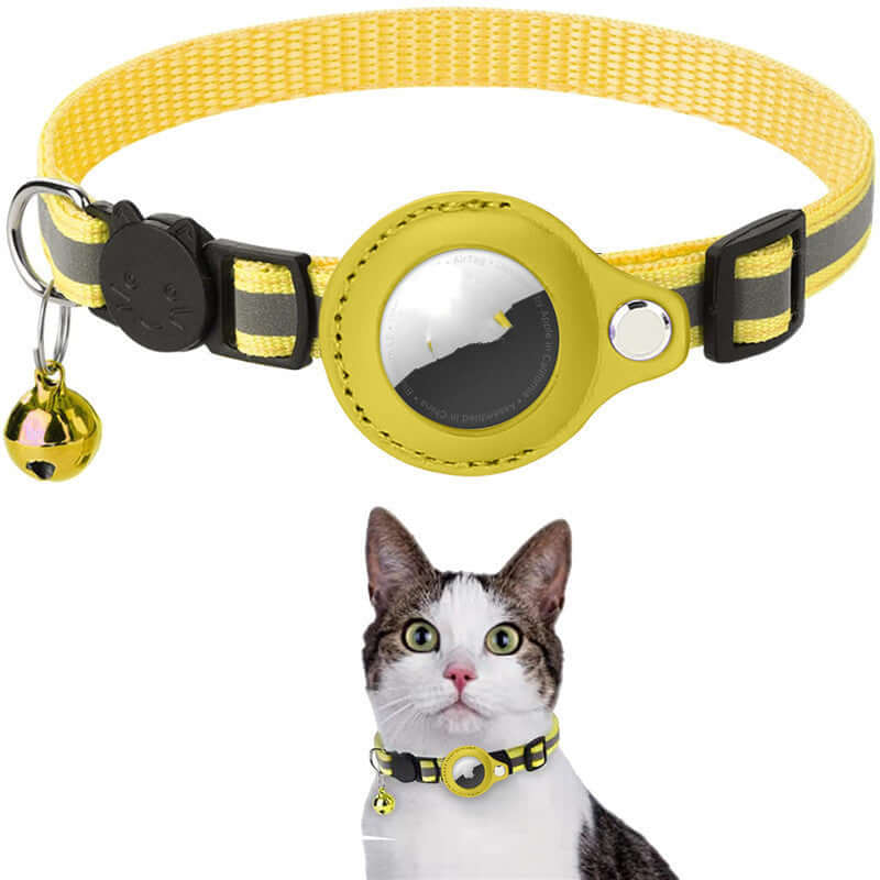 A collection of Reflective Waterproof AirTag Collar Holders in various colors, displayed on mannequin cats, showcasing the holders' reflective and waterproof features.
