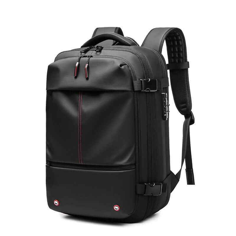 Vacuum Compression Travel Backpack in black with USB battery and anti-theft features, designed for space-saving and travel.