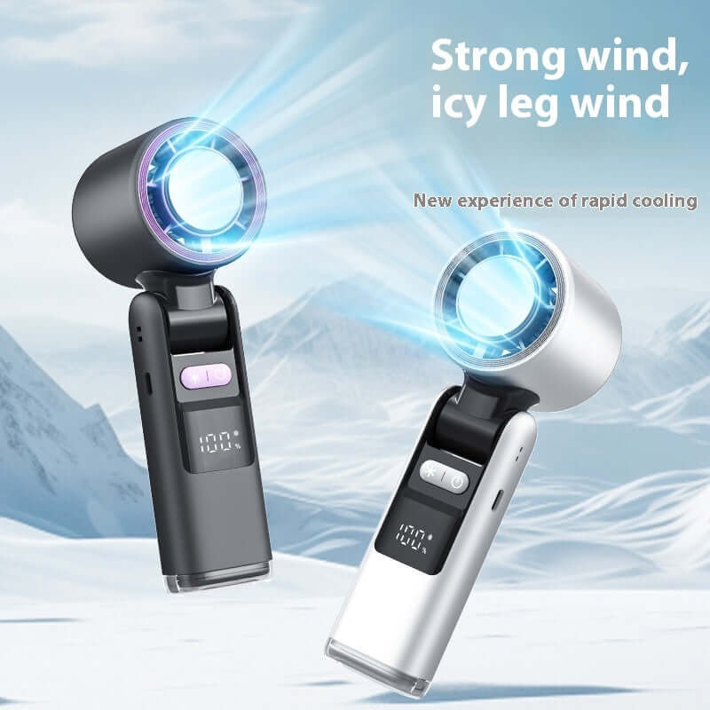 Two handheld fans, one black and one white, with icy wind effect on a snowy background.