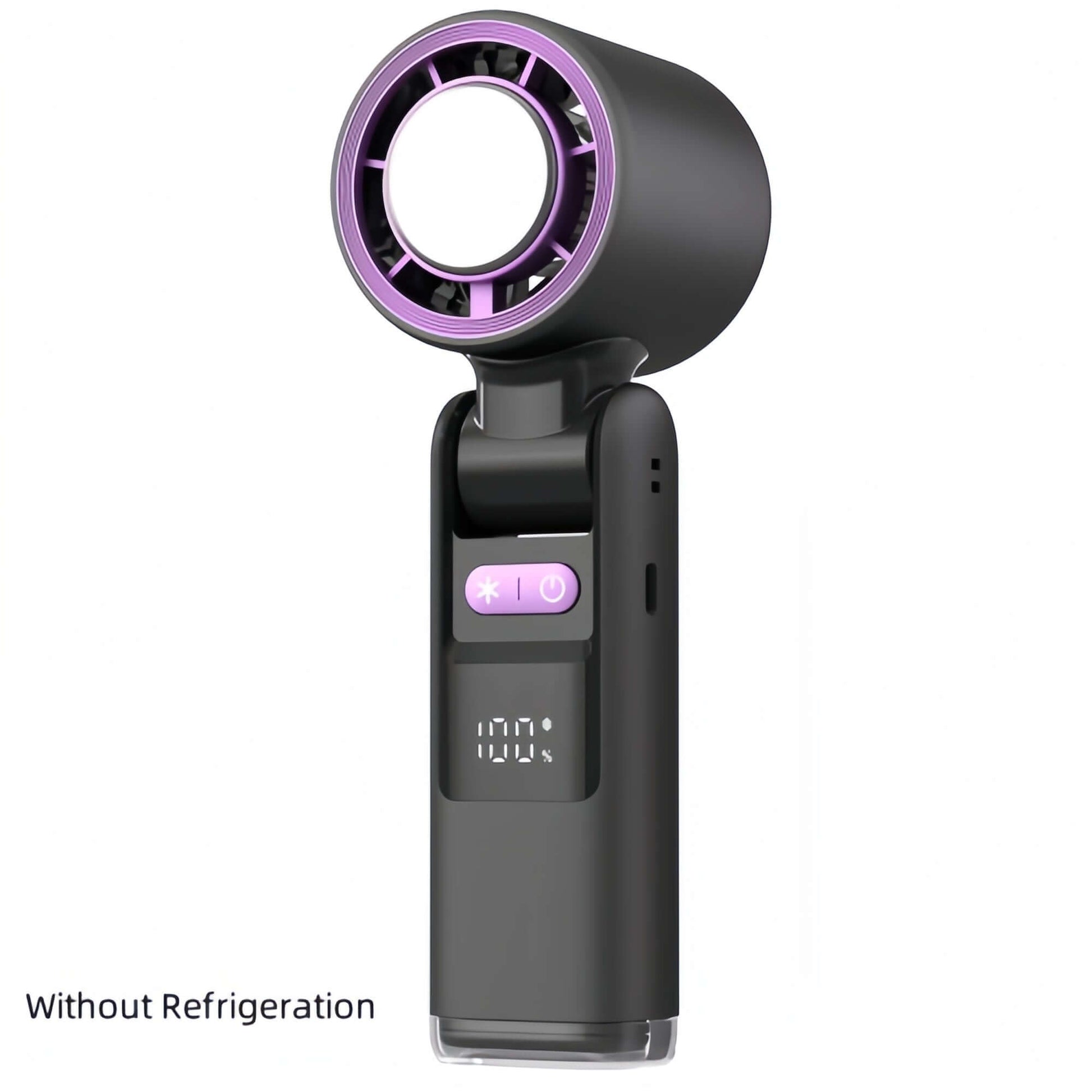 Black handheld fan with digital display on a white background