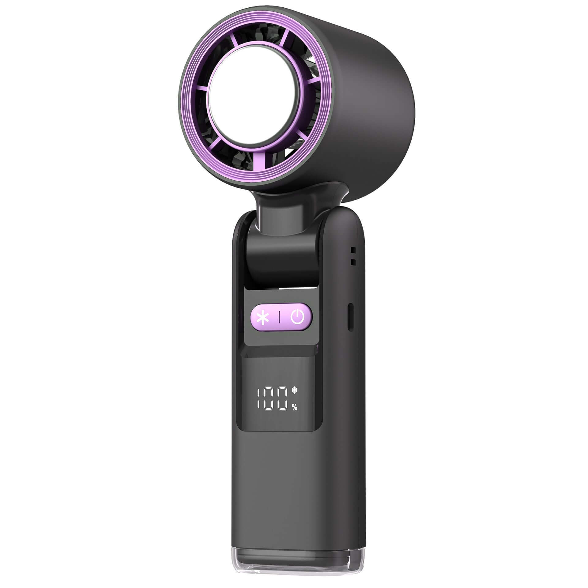 Handheld Mini Turbo Ice Fan with purple accents on a white background