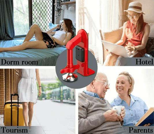 Portable door alarm installed on hotel door – red security device in use