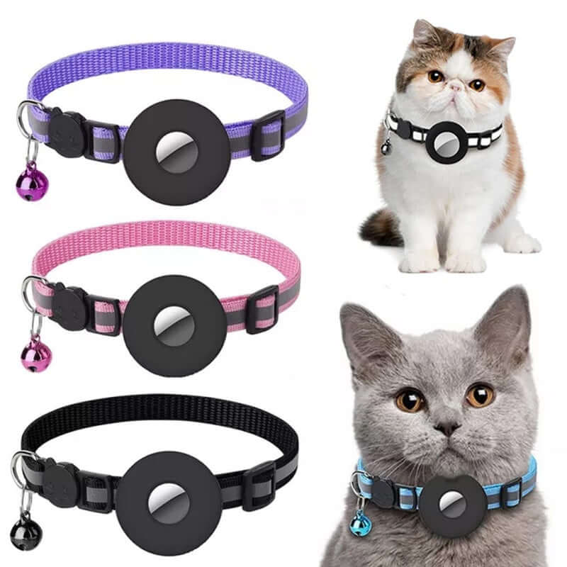 A collection of Reflective Waterproof AirTag Collar Holders for pets, displayed in black, purple, pink, and blue colors, with images showing the product on cats.