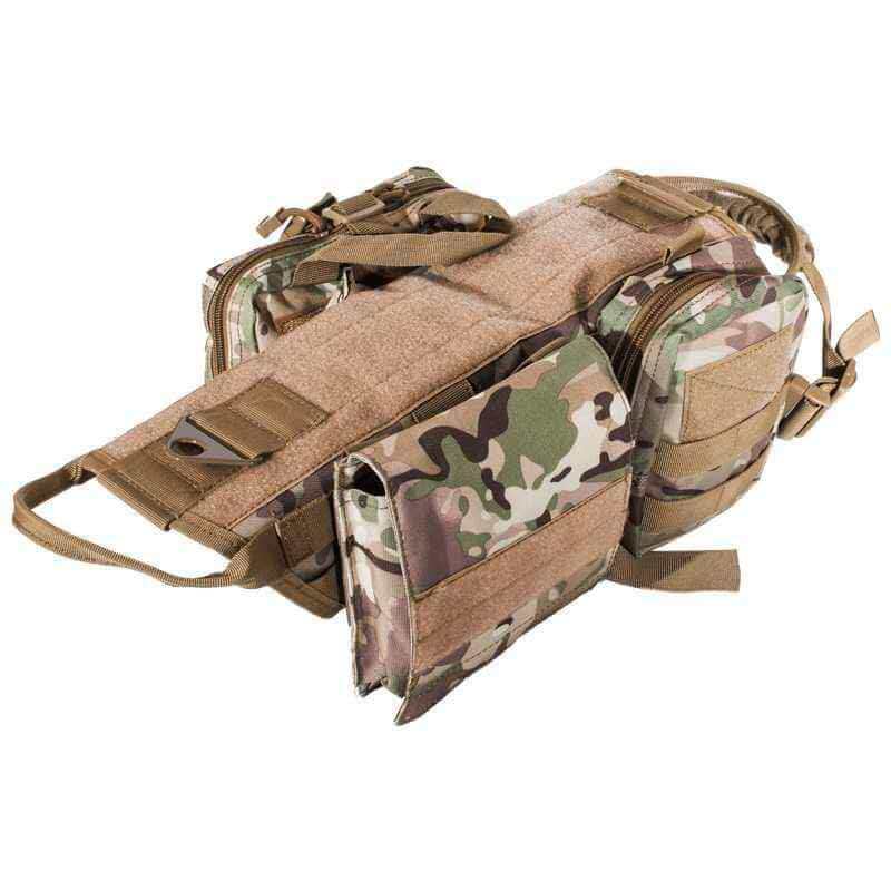 Tactical camouflage dog harness laid flat – breathable and padded