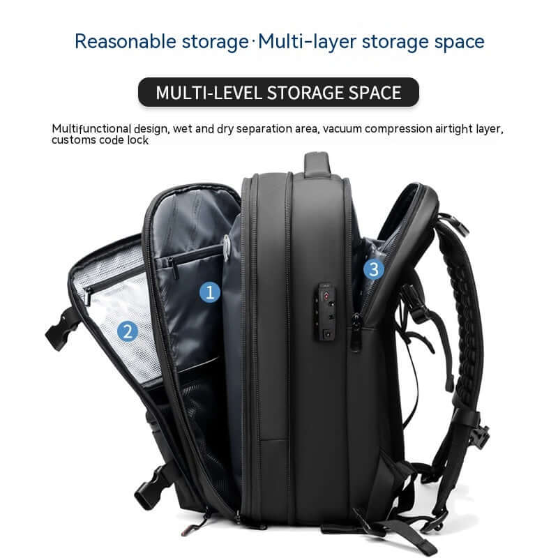 Vacuum Compression Travel Backpack showing multi-layer storage spaces and features like wet/dry separation and custom code lock.