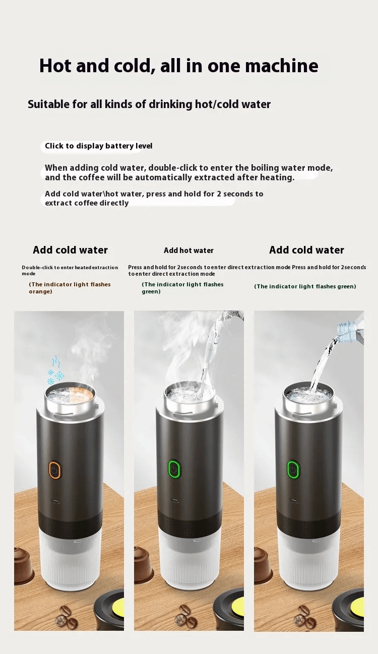 User-friendly hot and cold water machine with extraction process shown for coffee preparation.