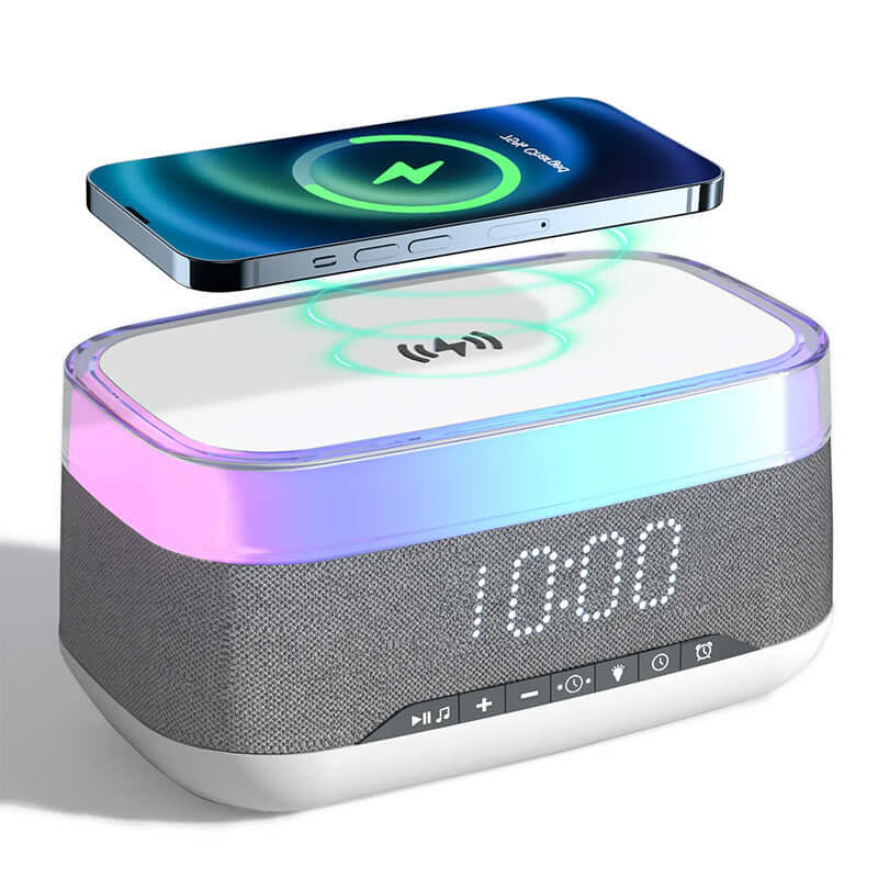 4-in-1 Smart Alarm Clock with Bluetooth, wireless charging, LED display, and soothing night light.