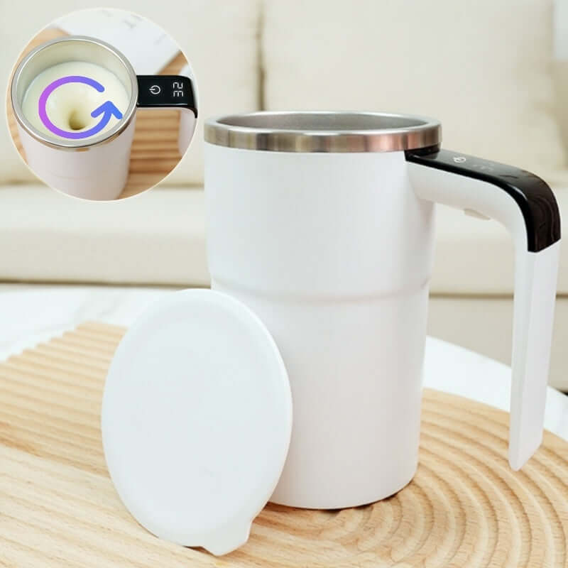 Self-stirring travel mug with lid closed – waterproof and USB rechargeable