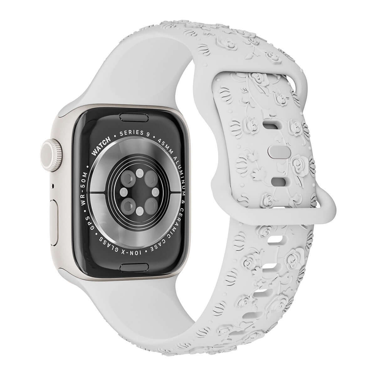 Apple Watch Band with floral silicone strap for women, showcasing comfort and style in a soft hypoallergenic design.