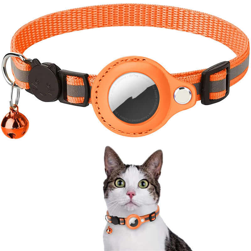 A collection of Reflective Waterproof AirTag Collar Holders in various colors, displayed on mannequin cats, showcasing the holders' reflective and waterproof features.