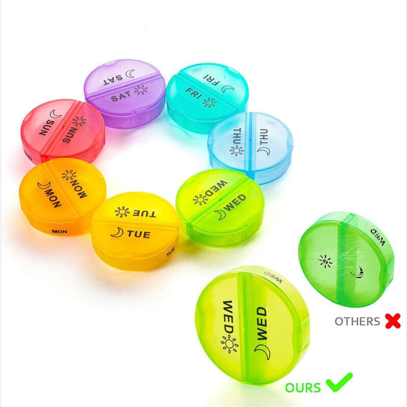 Color-coded 7-day pill container – easy to carry and waterproof leather case