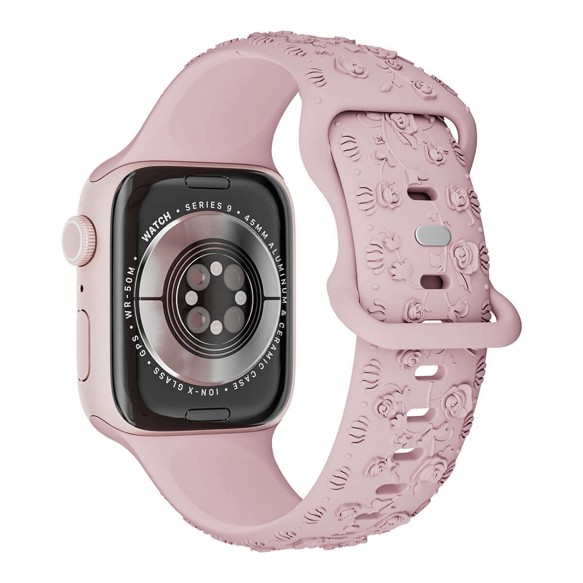 Apple Watch Band – Floral Silicone Strap for Women in pink with floral design, perfect for comfort and style.
