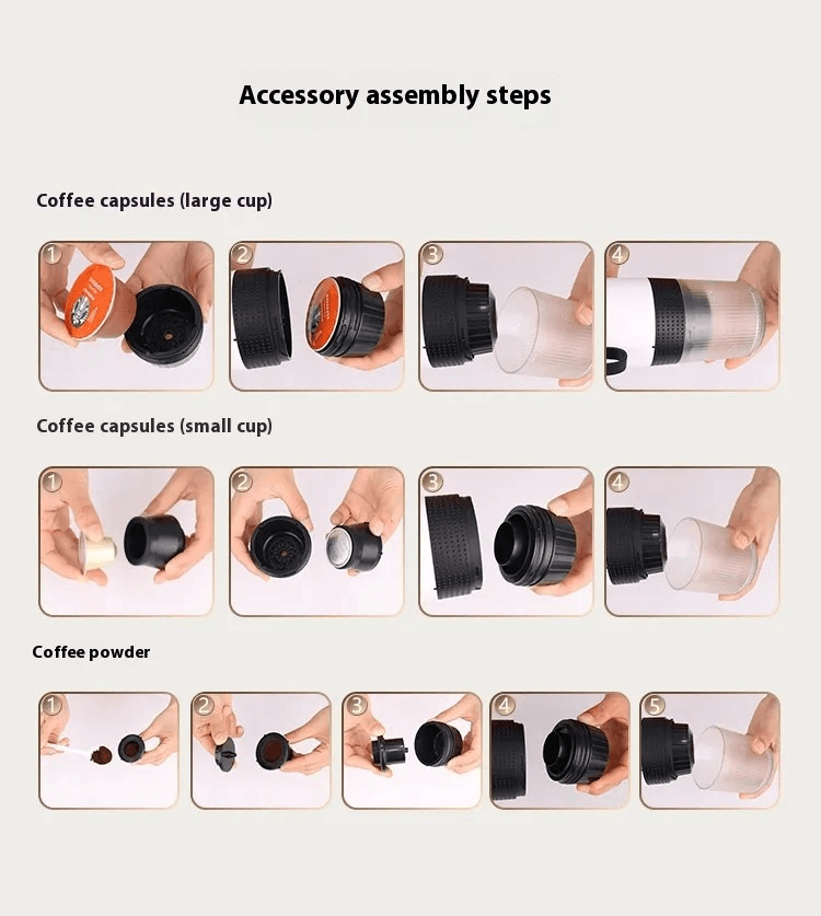 Step-by-step guide for assembling coffee capsules and using the 3-in-1 portable coffee maker