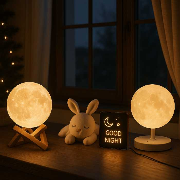 A cozy indoor scene at night featuring a glowing moon lamp, a plush sleeping bunny, and a USB LED message board that reads 'Good Night', all arranged on a wooden surface in front of a window with curtains