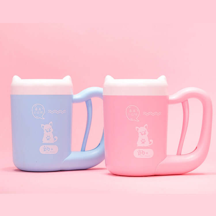 Two Pet Paw Cleaner Cup,  one blue and one pink, on a pink background.