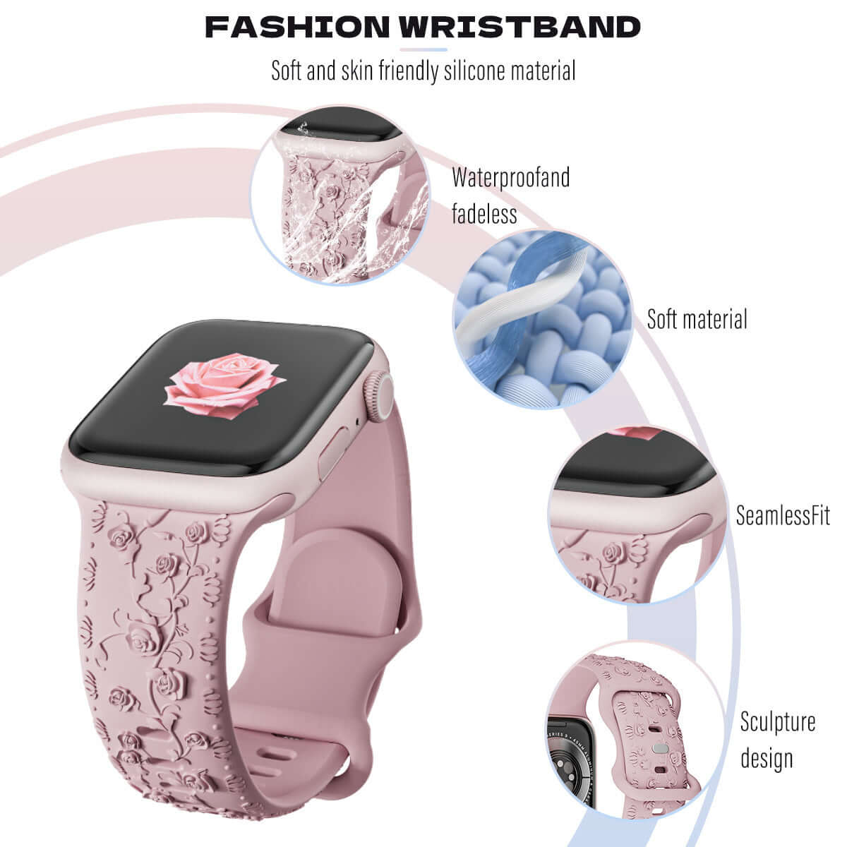 Apple Watch Band – Floral Silicone Strap for Women, featuring soft material and waterproof design.