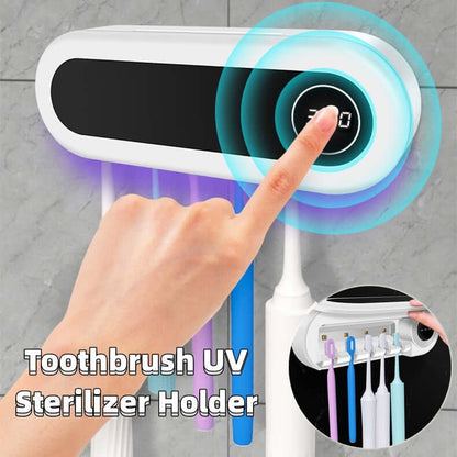 UV toothbrush sterilizer mounted on bathroom wall – kills 99.9% of germs