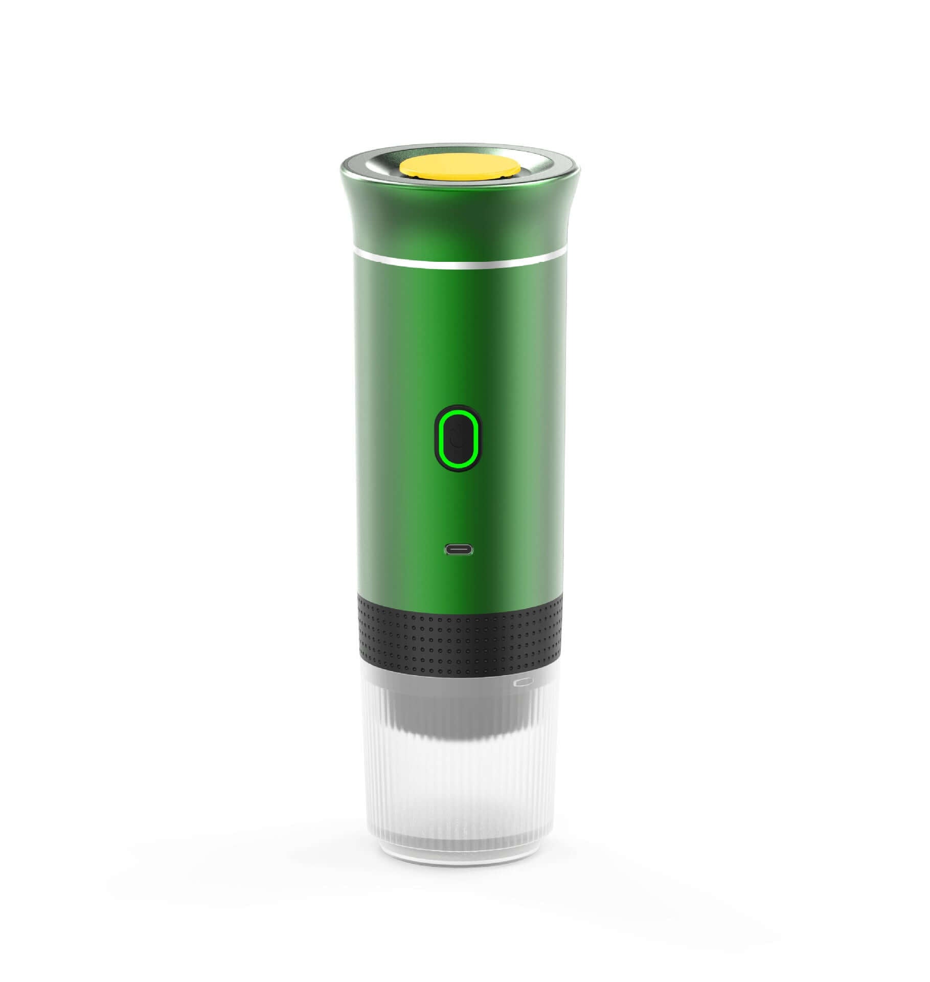 Portable electric 3-in-1 coffee machine with coffee capsules and beans on a wooden table.