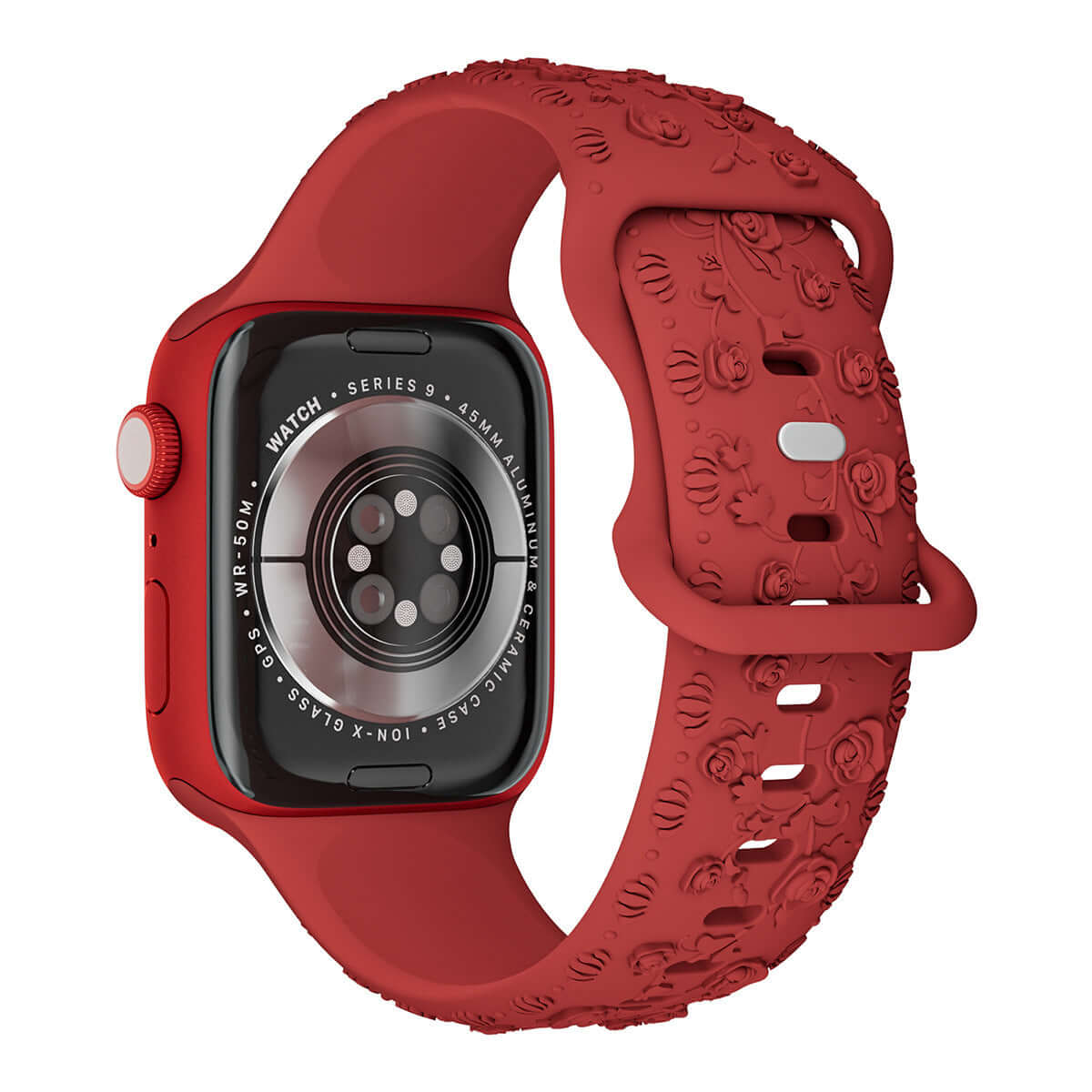 Apple Watch Band – Floral Silicone Strap for Women in vibrant red with stylish floral detailing.