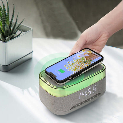 4-in-1 smart clock with wireless charging, LED display, and phone on top, emphasizing its multifunctionality and modern design.